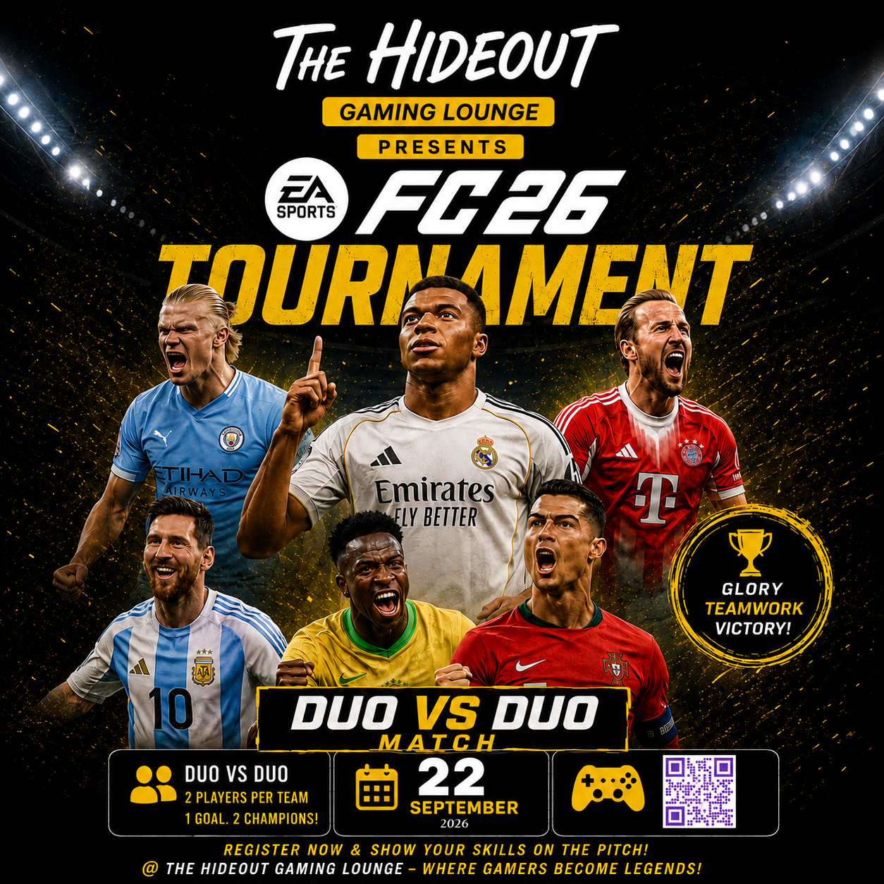 EA Sports FC 26 Tournament at The Hideout Gaming Lounge on 22 September 2026 — Duo vs Duo registration poster